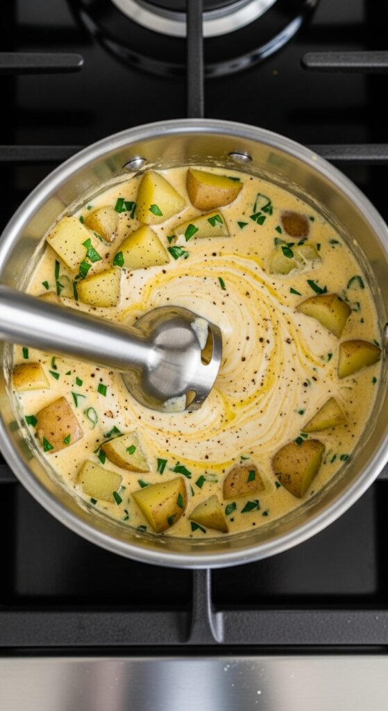 potato soup with cream cheese mixed in a pan