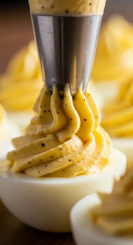 close up of classic deviled eggs in preparation