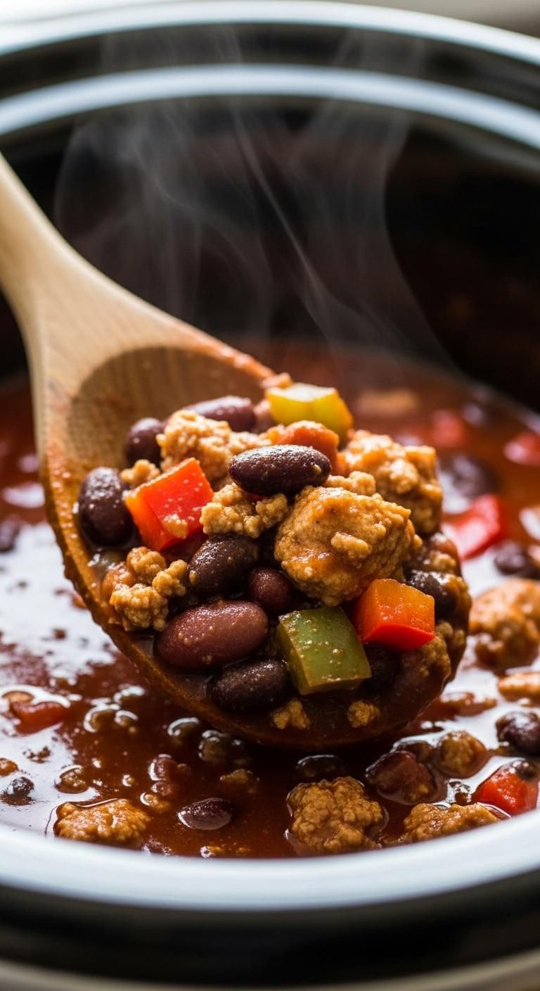 crockpot turkey chili recipe simmering in crockpot