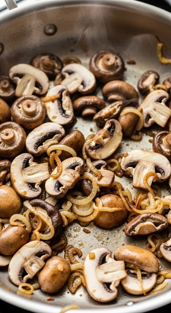 vegetarian stroganoff recipe browning of sliced mushrooms