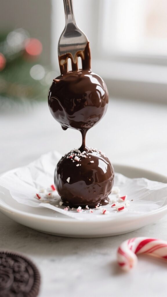 Close-up detail: Chilled Oreo balls being dipped into glossy dark chocolate with a dipping fork, exc