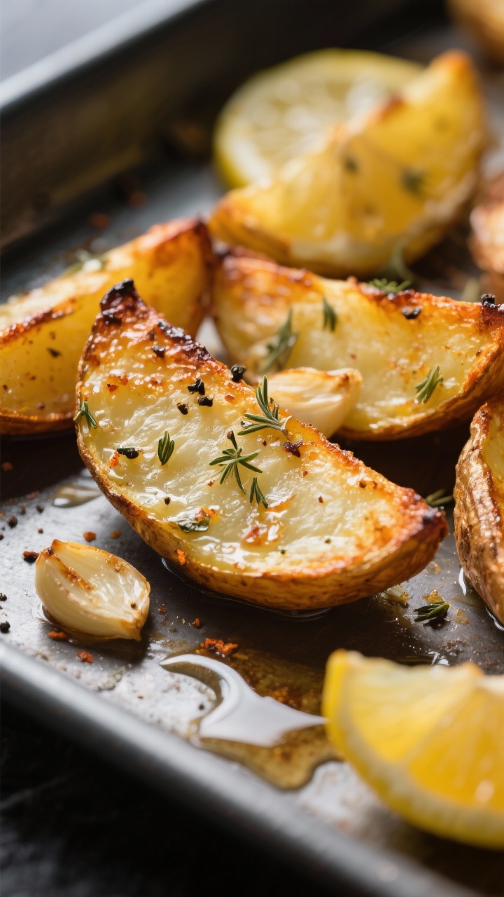 Close-up detail of lemon roasted greek potatoes