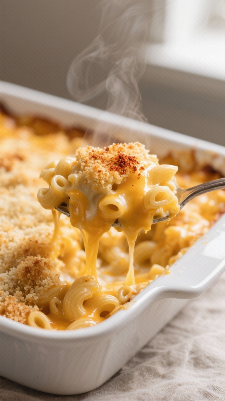 Close-up detail of baked mac and cheese recipe with egg