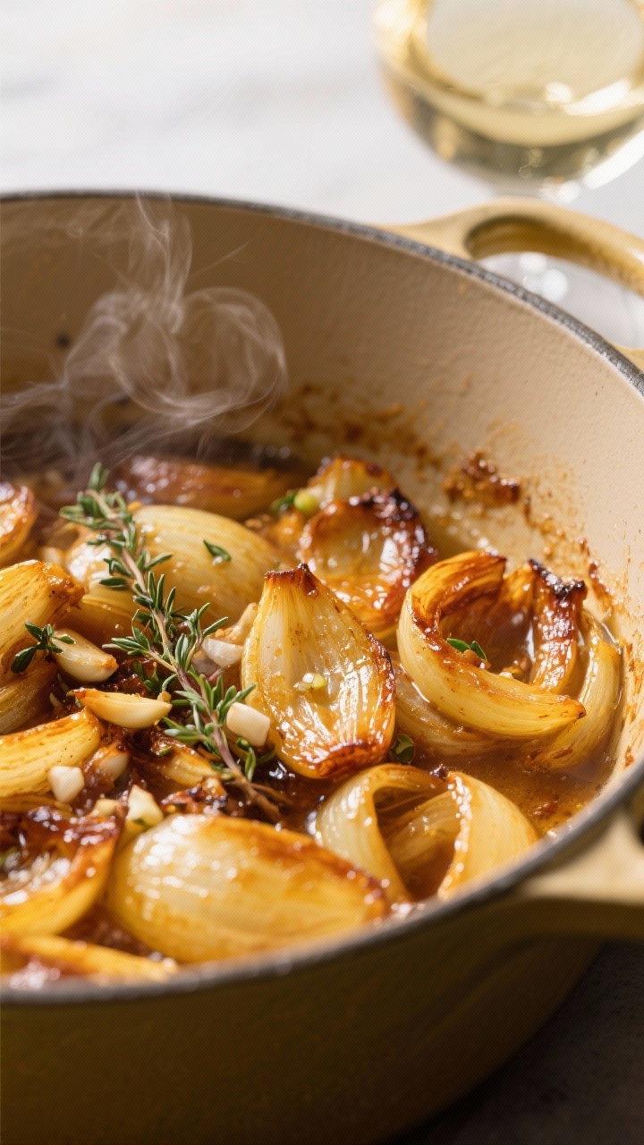 Close-up detail shot: Deeply caramelized yellow onions in a Dutch oven. keto french onion soup
