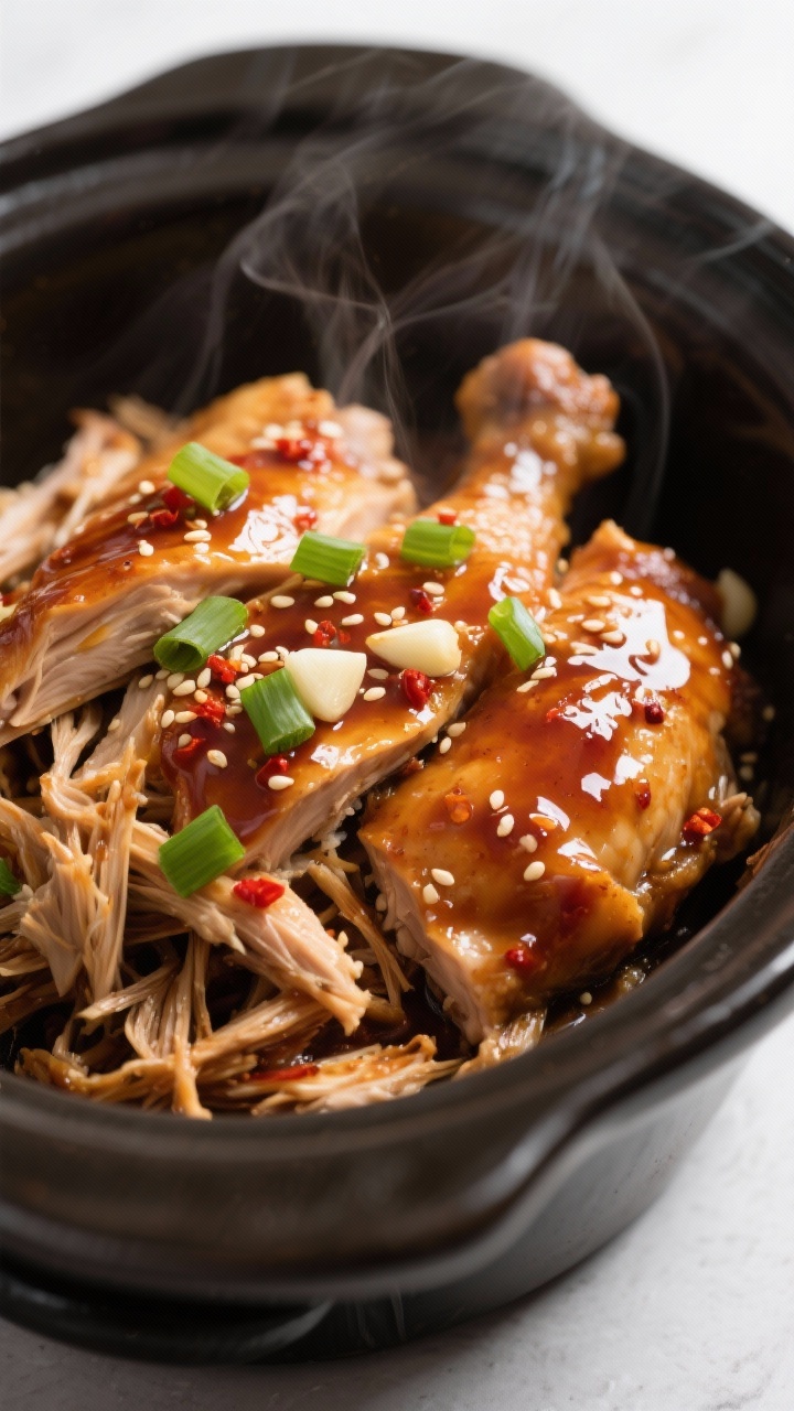 Close-up detail shot: Tender shredded crockpot honey garlic chicken recipe