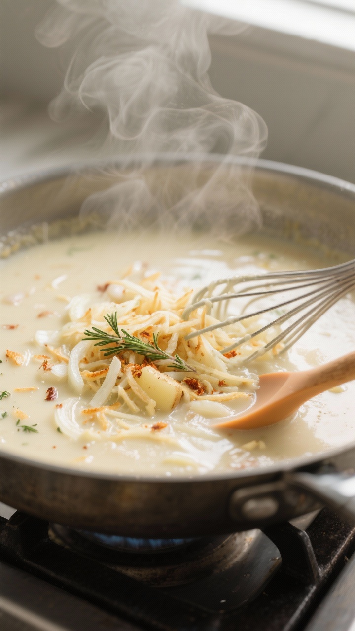 Cooking process of easy potato soup with hashbrowns