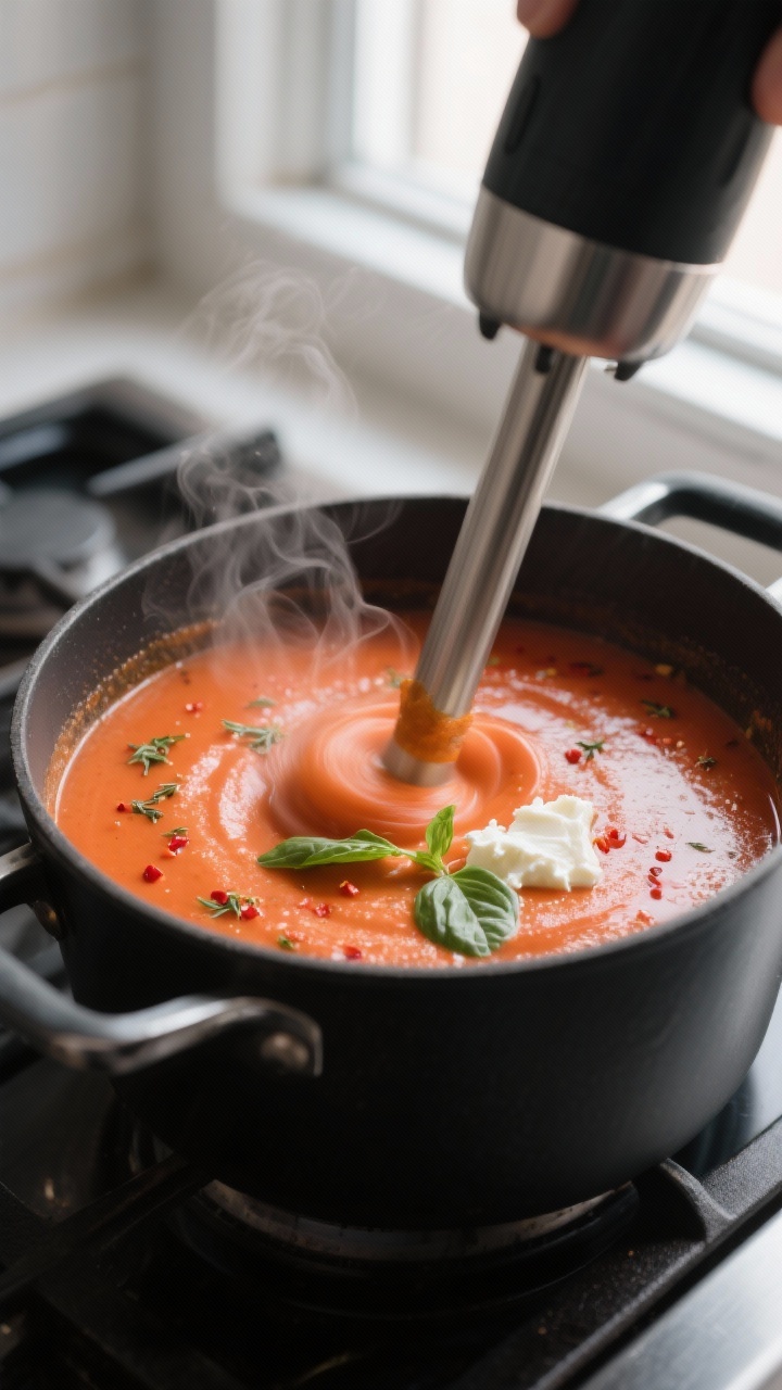 Cooking process, close-up: Immersion blender swirling through simmered tomato-basil soup in a matte 