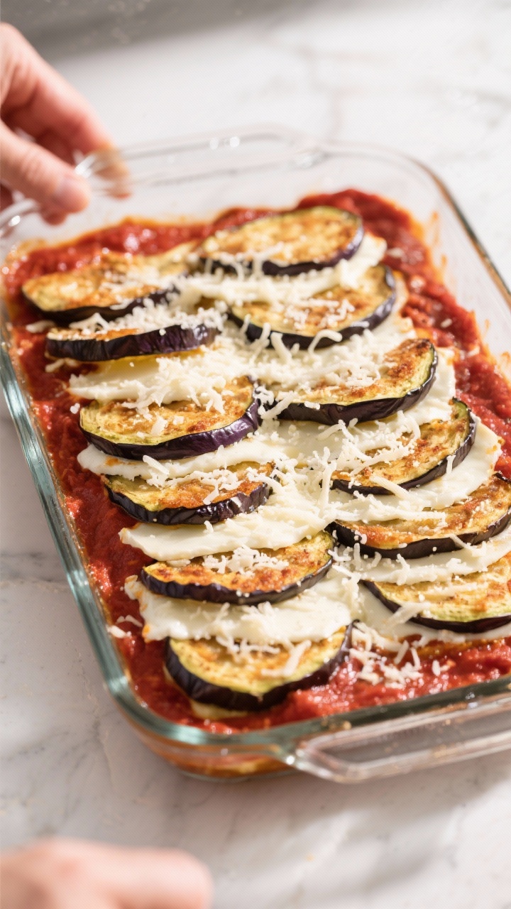 Cooking process: Layering keto eggplant Parmesan in a lightly oiled 9x13 dish—first layer of thick