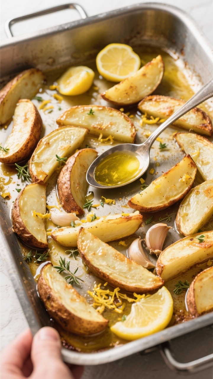 Cooking process of lemon roasted greek potatoes