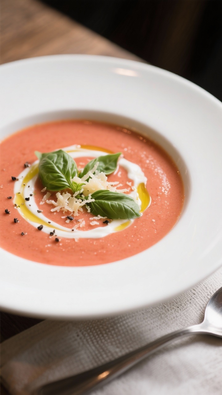 Final dish, plated detail: Creamy Keto Tomato Basil Soup ladled into a wide white bowl, ultra-smooth