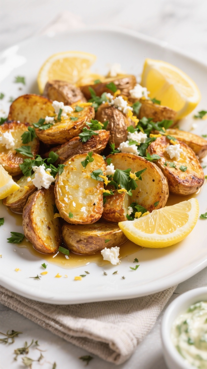 Final dish presentatio of lemon roasted greek potatoes