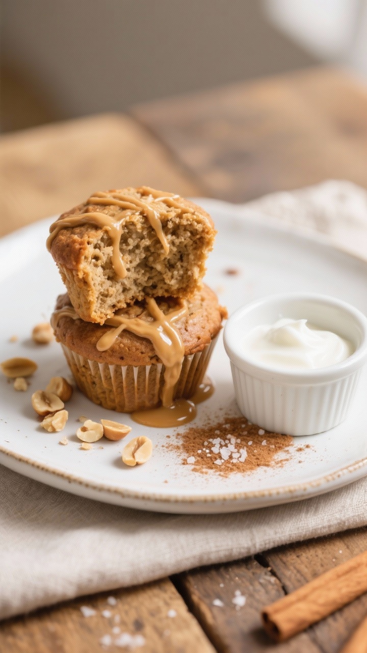 Final dish presentation: Restaurant-quality plated stack of two banana peanut butter protein muffins