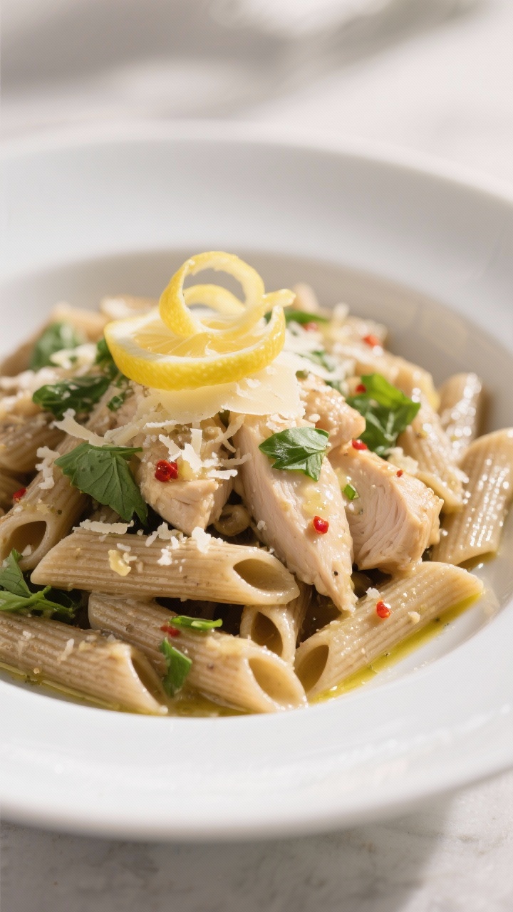Final plated dish: Beautifully plated whole-grain penne with chicken in a light, garlicky lemon sauc