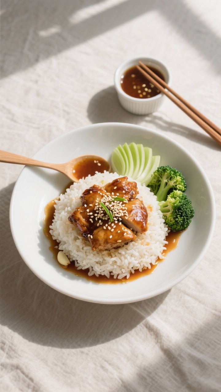 Overhead “tasty top view”: Final plated honey garlic chicken over fluffy jasmine rice in a wide,
