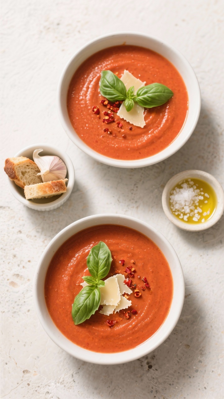 Tasty top view, overhead scene: Overhead shot of two bowls of creamy  keto tomato basil soup on a light st