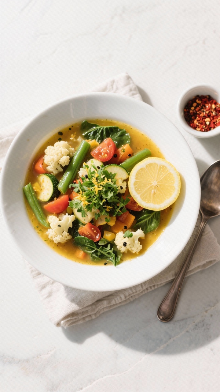 Tasty top view of low carb vegetable soup