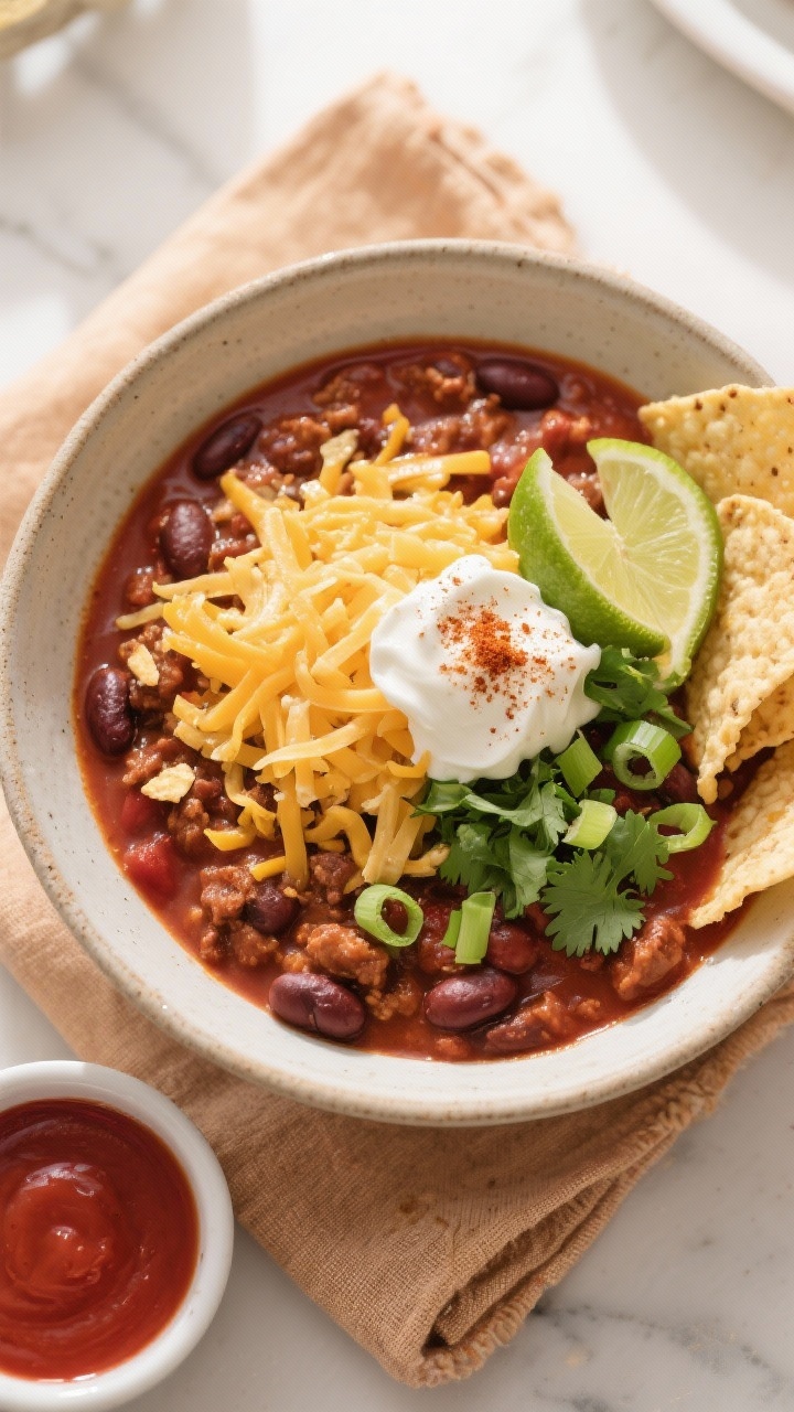Tasty top view, overhead shot: Overhead shot of a finished bowl of classic beef-and-bean chili with 