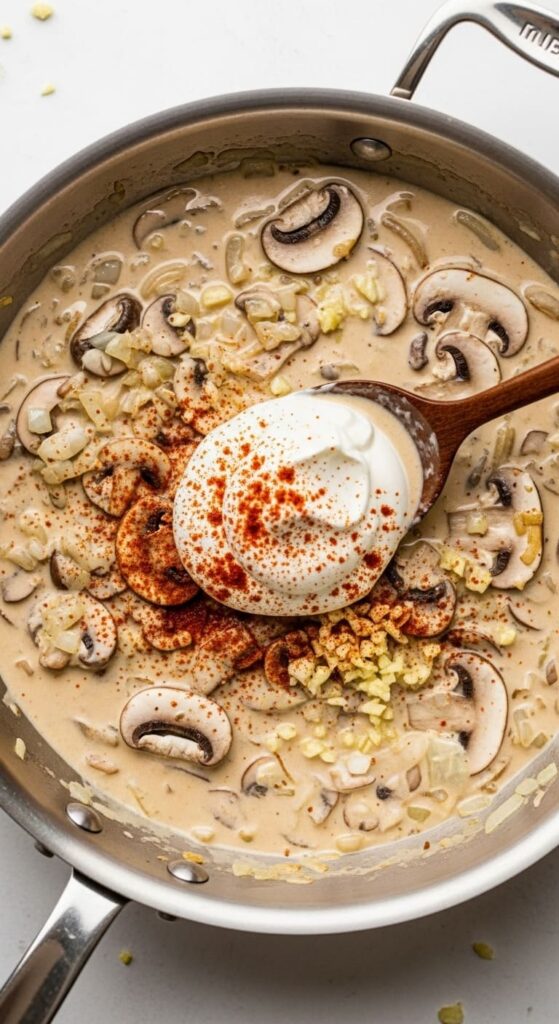 vegetarian stroganoff recipe - sauce cooking in a stainless steel skillet