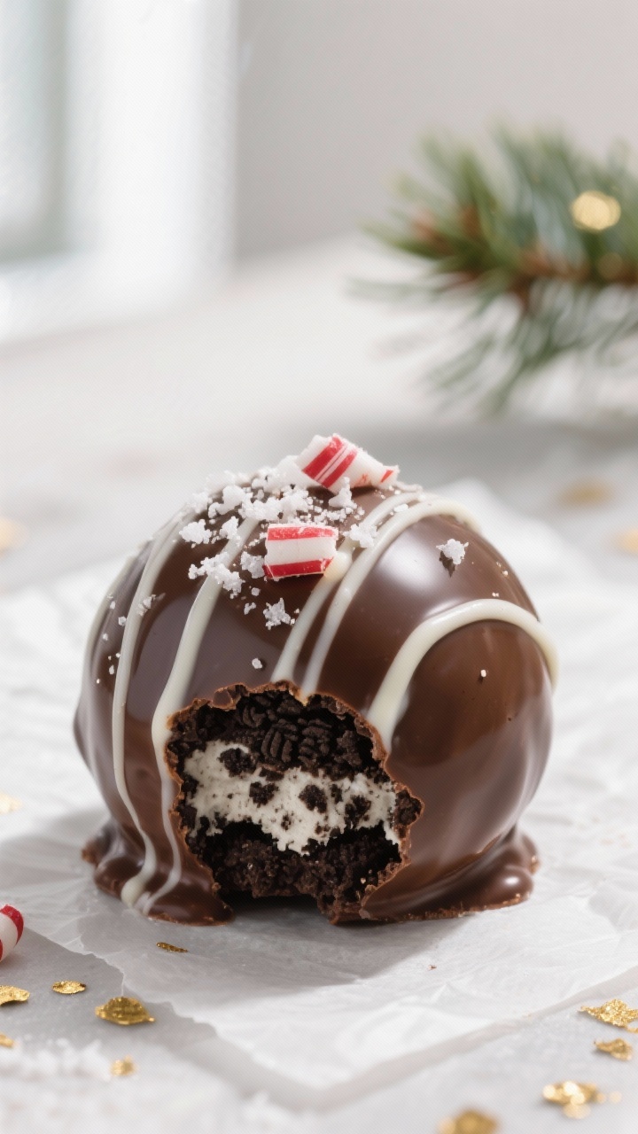 Close-up detail: A glossy, chocolate-dipped Oreo ball just set on parchment, with delicate white cho