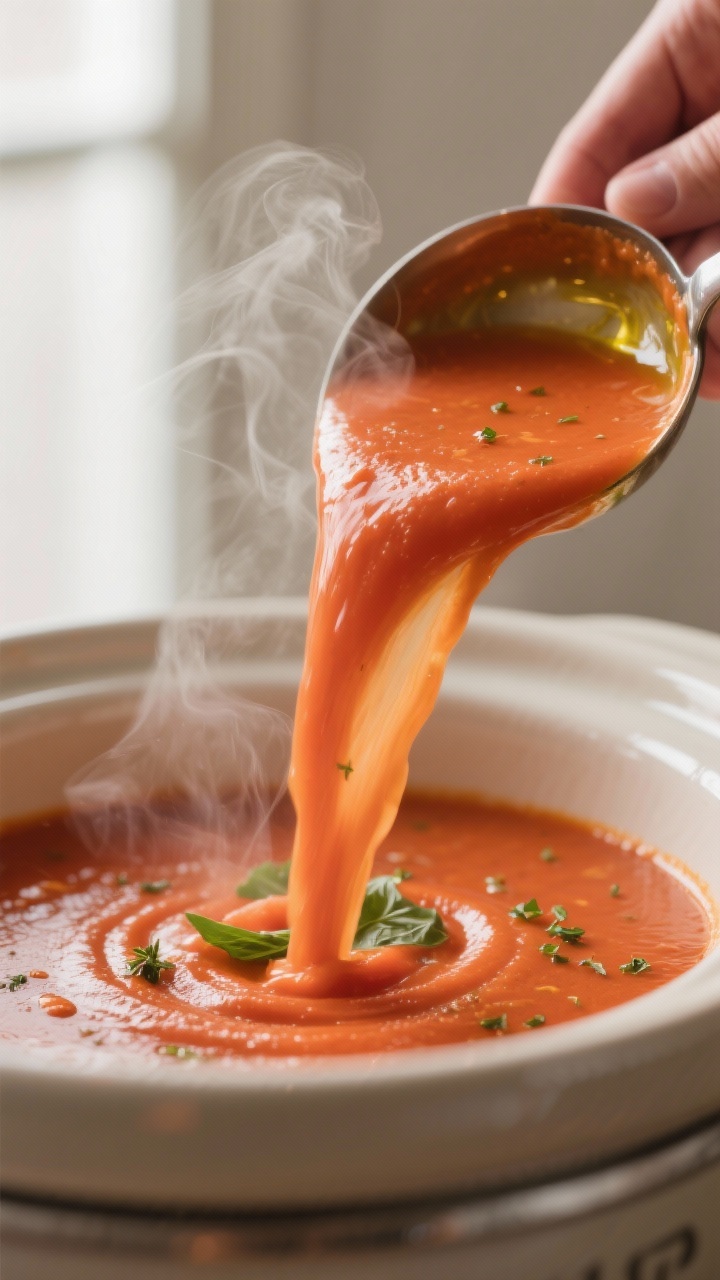 Close-up detail shot of slow cooker tomato soup