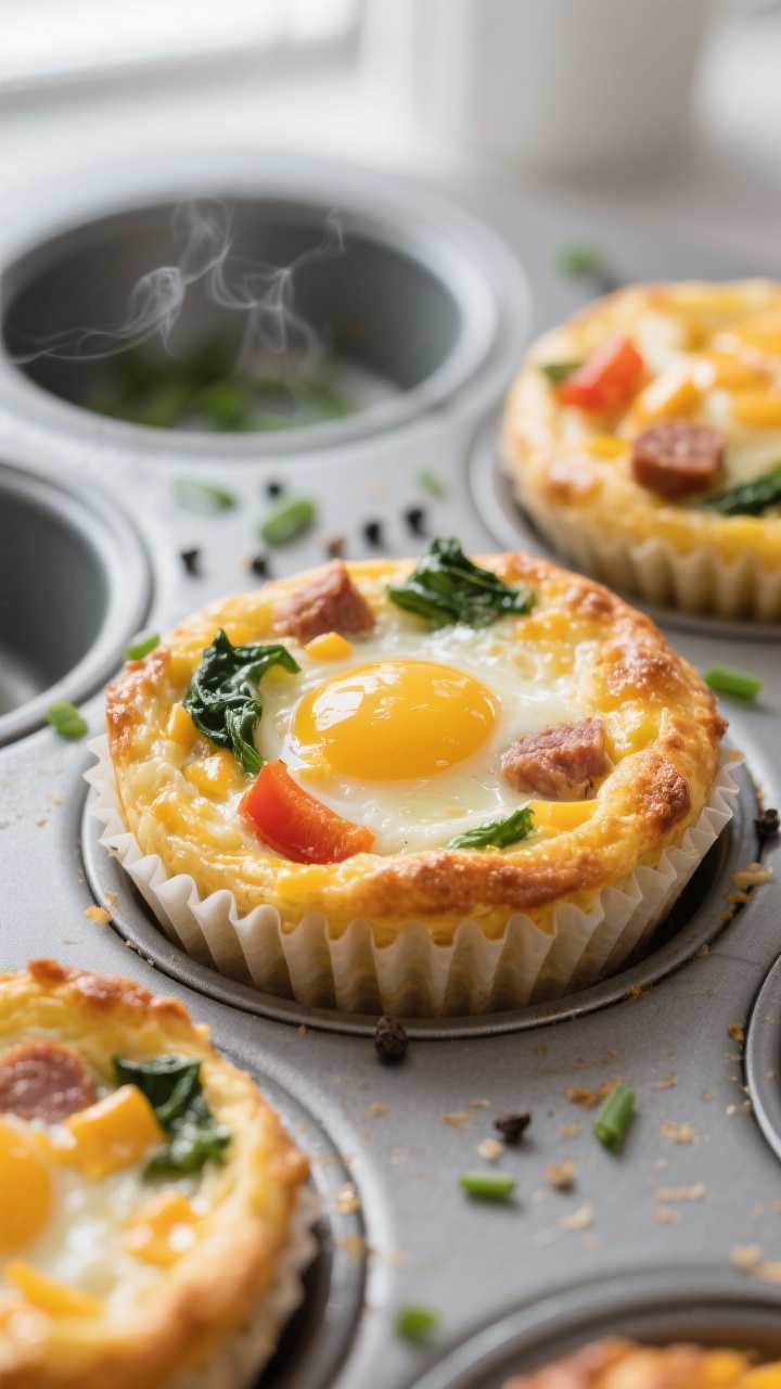 Close-up detail: Freshly baked high protein egg muffins just out of the oven, golden and slightly pu