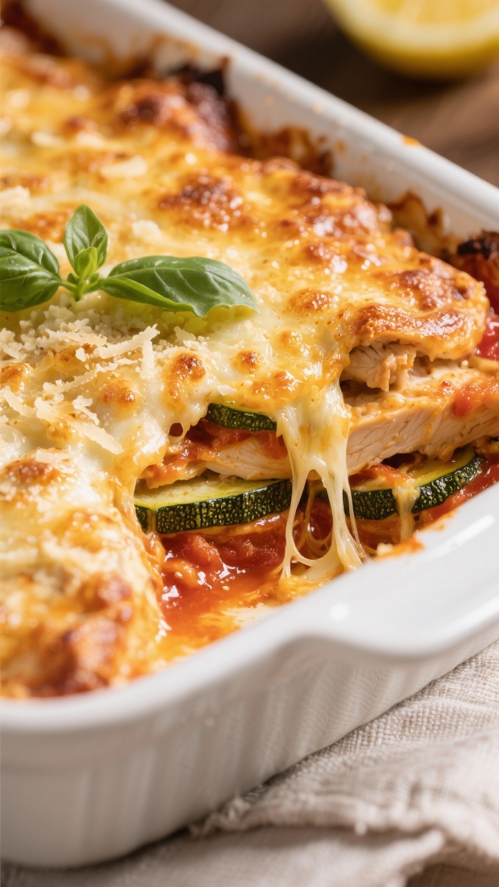 Close-up detail of baked chicken and zucchini casserole