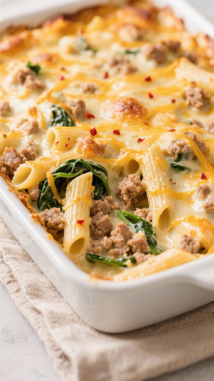 Close-up detail: Golden, bubbly Ground Sausage casserole just out of the oven