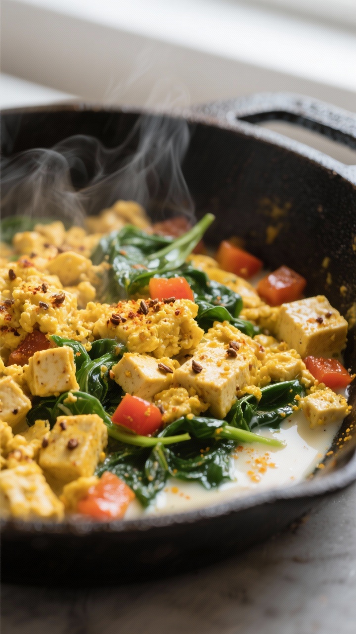 Close-up detail: Golden-edged tofu scramble sizzling in a well-seasoned cast-iron skillet, showing c