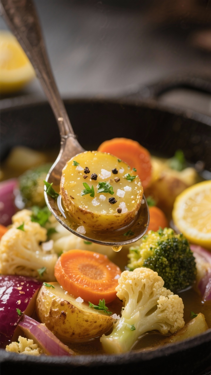 Close-up detail, : Macro close-up of a serving spoon scooping the finished slow-cooked vegetables—
