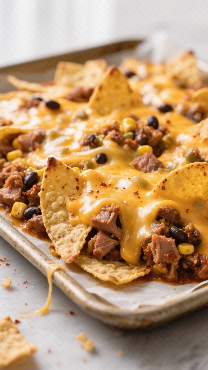 Close-up detail of loaded high protein nachos