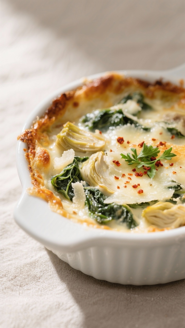 high protein spinach artchoke dip in a ceramic form