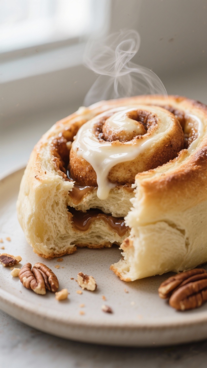 Close-up detail shot: A freshly baked keto cinnamon roll pulled slightly apart to reveal gooey cinna