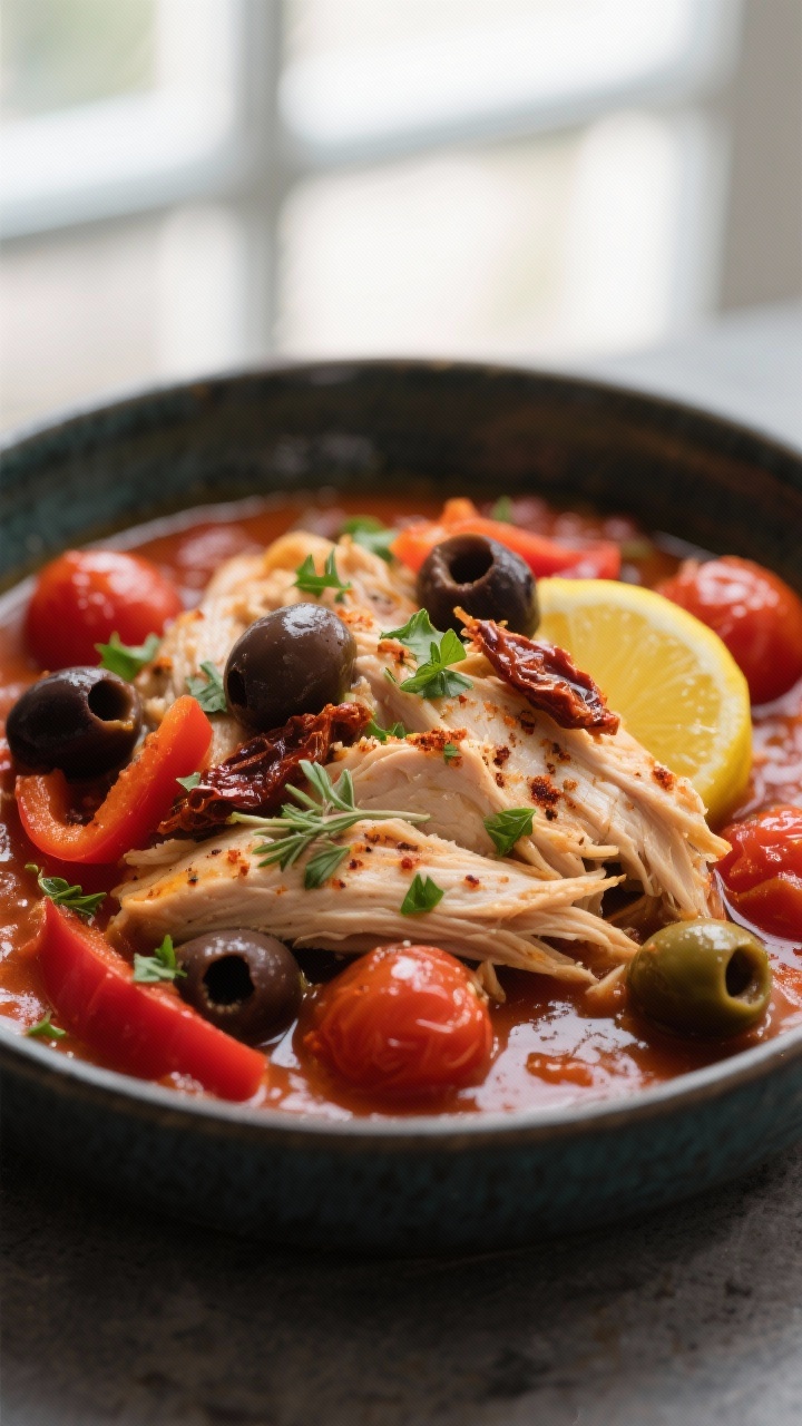 Close-up detail shot of slow cooker mediterranean chicken