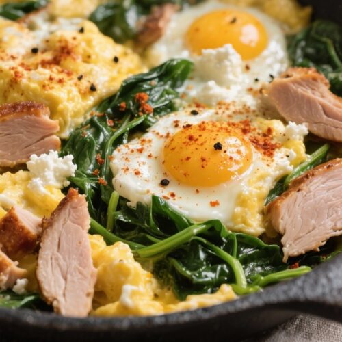 Close-up detail shot: Soft-scrambled eggs gently folding together in a nonstick skillet with ribbons