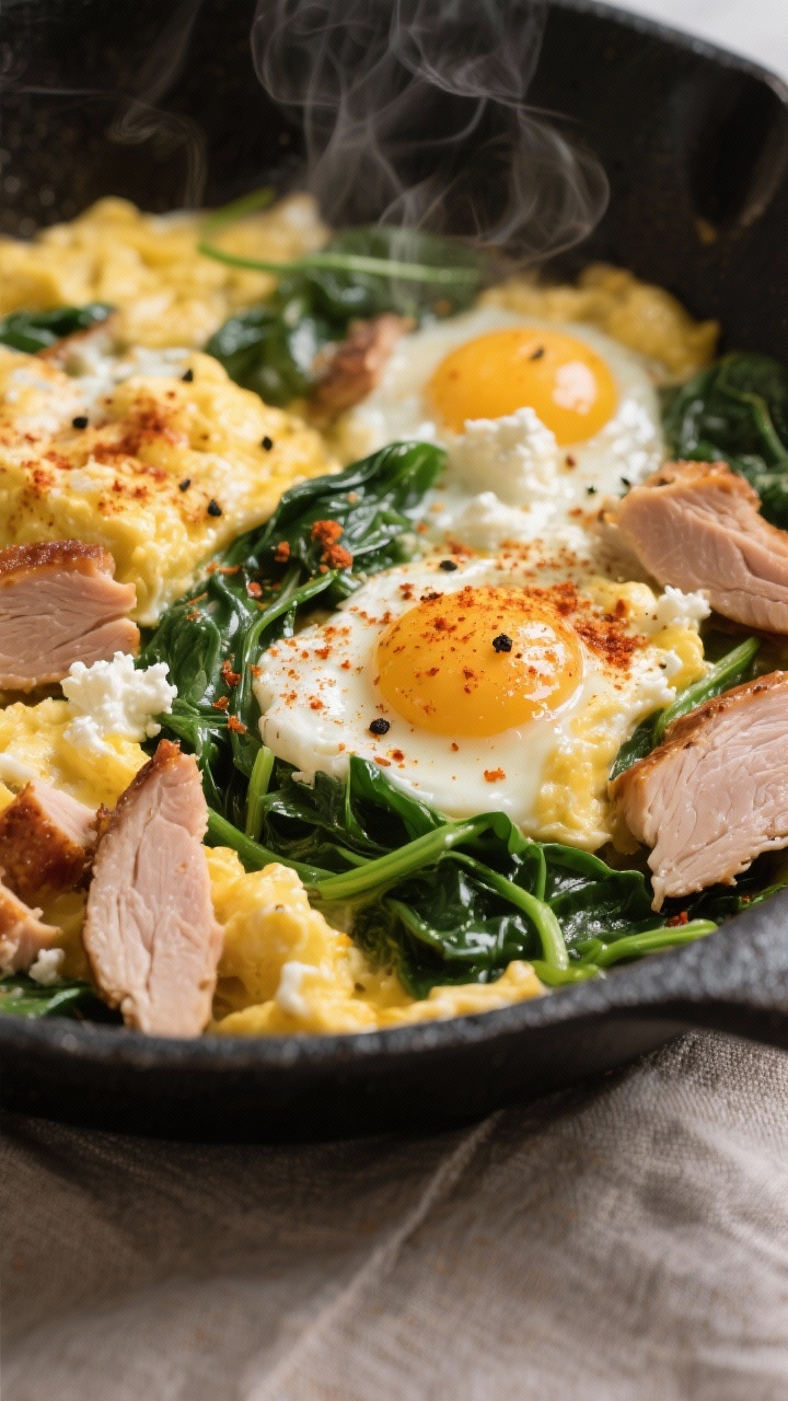 Close-up detail shot: Soft-scrambled eggs gently folding together in a nonstick skillet with ribbons