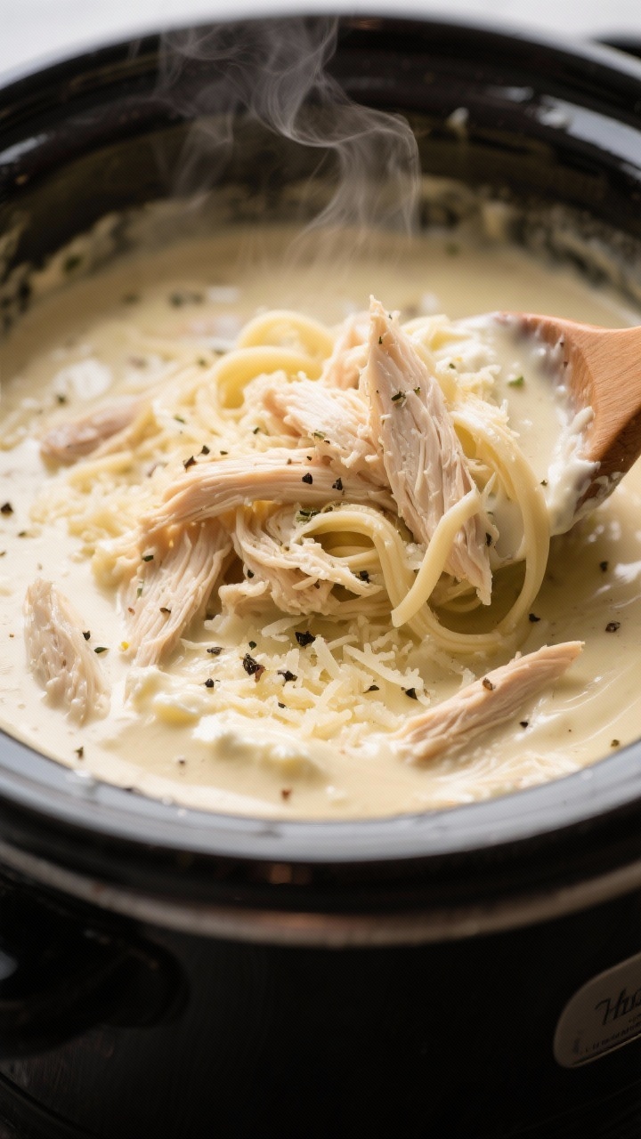 Close-up detail shot of Slow Cooker Chicken Alfredo