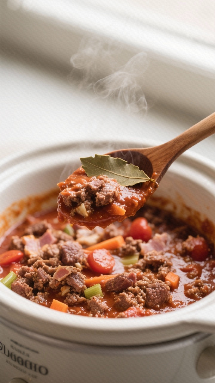 Close-up detail of slow cooker bolognese sauce