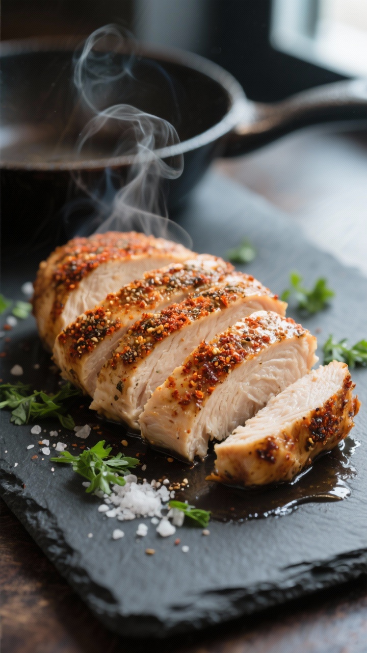 Close-up detail: Sliced, spice-rubbed chicken breast just rested and cut on a warm skillet-to-board 