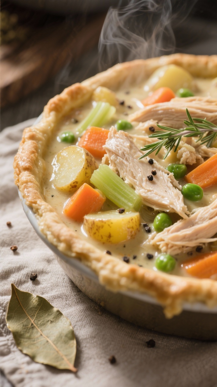 slow cooker chicken pot pie filling in puff pastry casserole