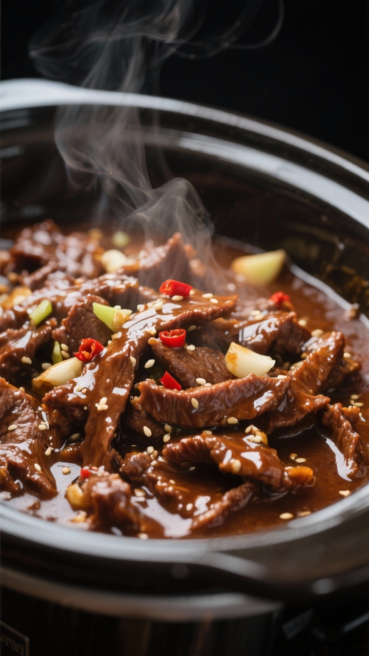Close-up detail of slow cooker mongolian beef recipe