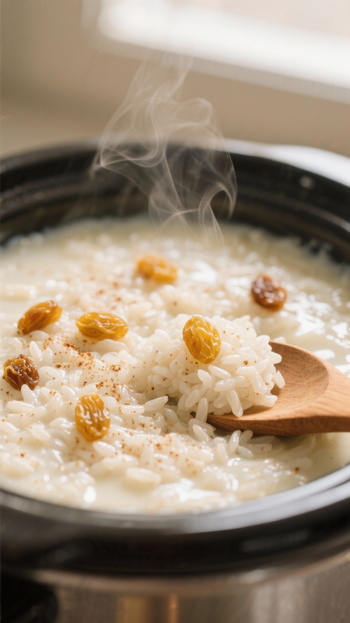 Close-up detail shot of slow cooker rice pudding