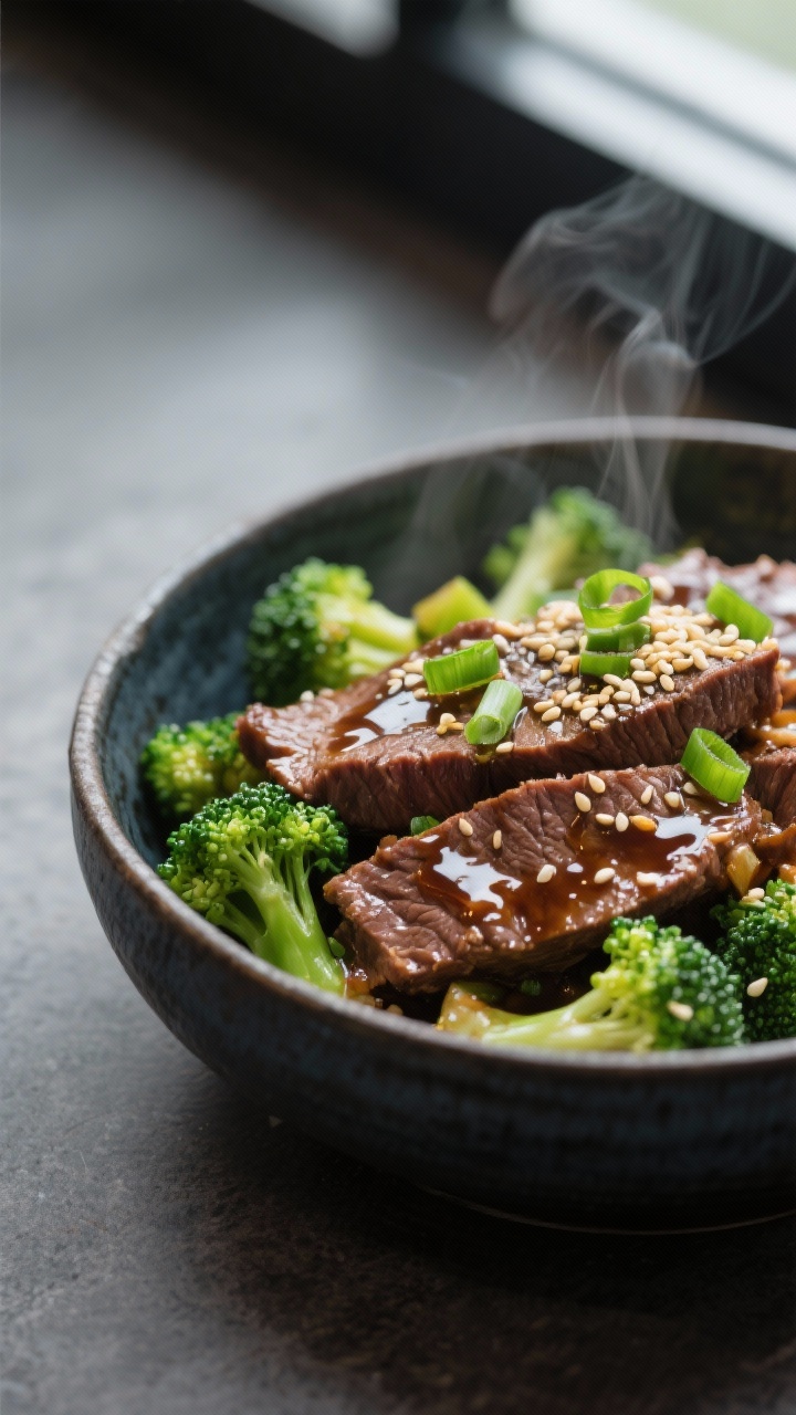 Close-up detail: Tender slices of slow-cooked beef glossy with thickened soy-garlic-ginger sauce for slow cooker beef and broccoli