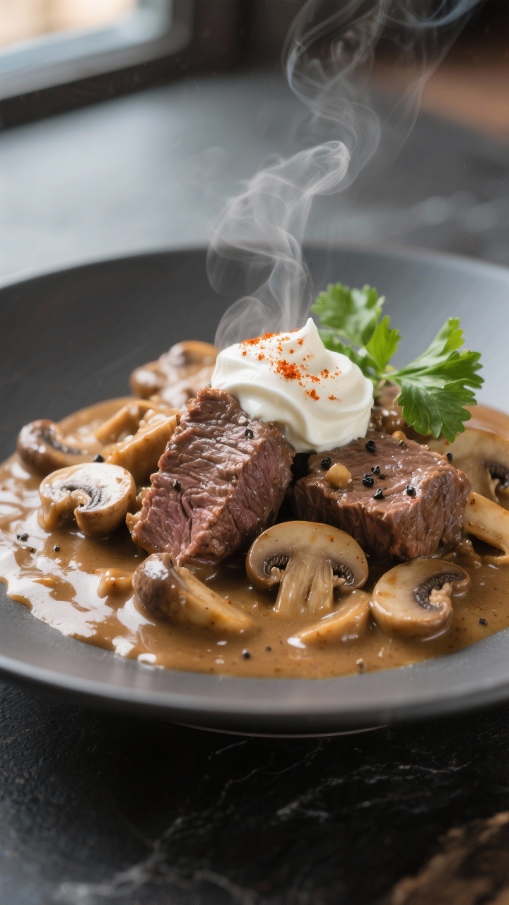 Close-up detail shot of slow cooker beef stroganoff