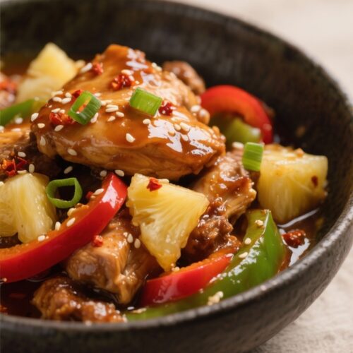 Close-up detail: Tender slow-cooked pineapple chicken glistening in a glossy, thickened tangy-sweet