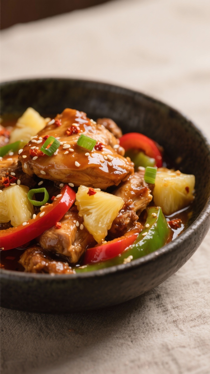 Close-up detail: Tender slow-cooked pineapple chicken glistening in a glossy, thickened tangy-sweet