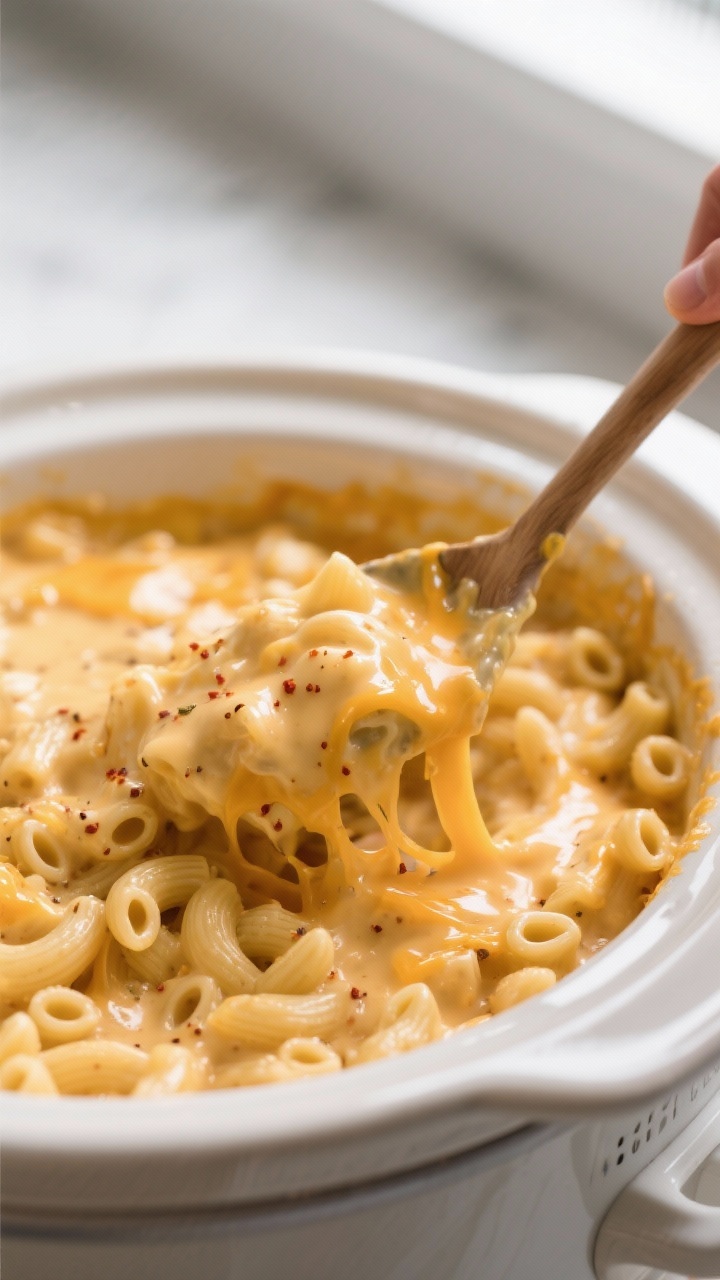 Close-up of slow cooker mac and cheese recipe