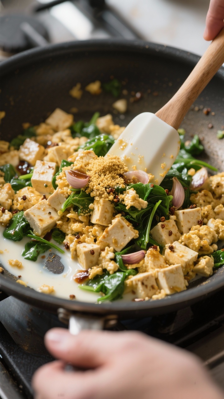Cooking process action: Tofu scramble mid-cook in a nonstick skillet right after “season and enric