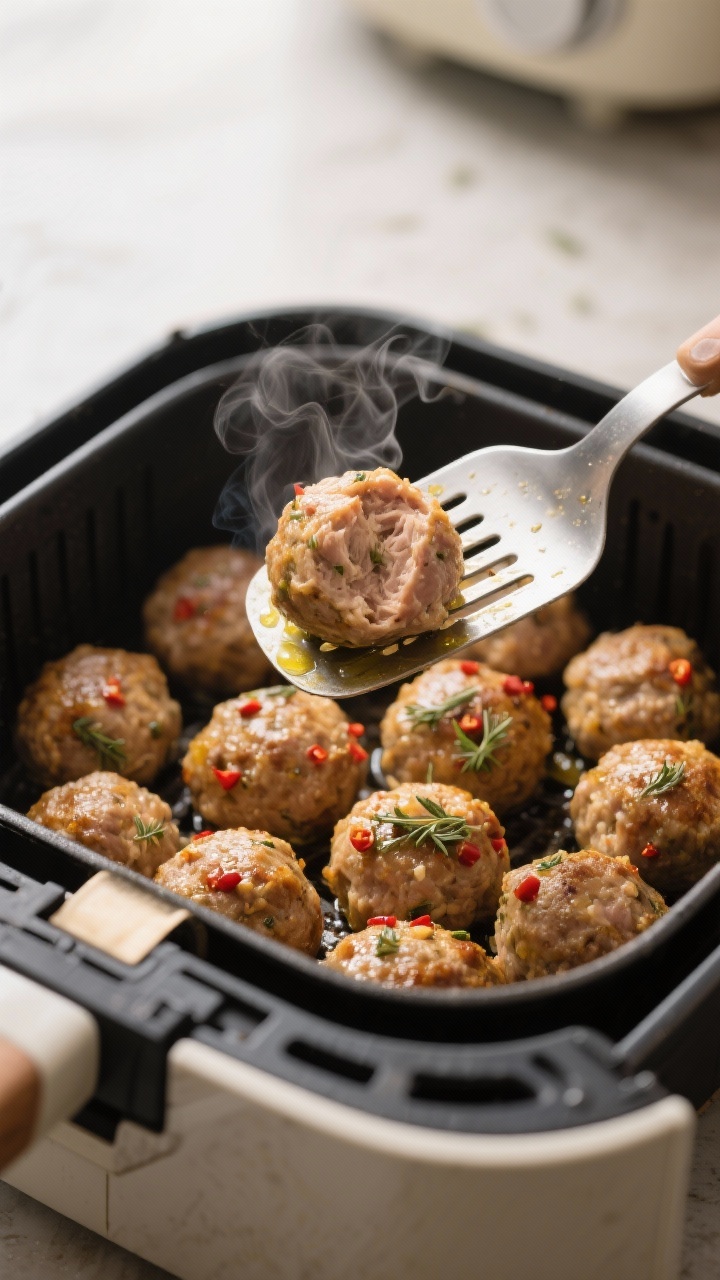 Cooking process: Air-fried variation mid-cook—basket opened to reveal evenly sized turkey meatball