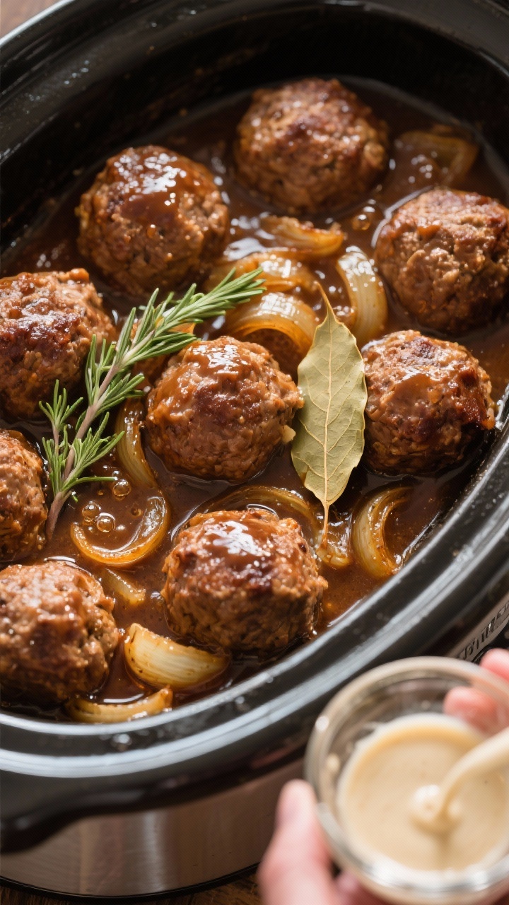 Cooking process of slow cooker french onion meatballs