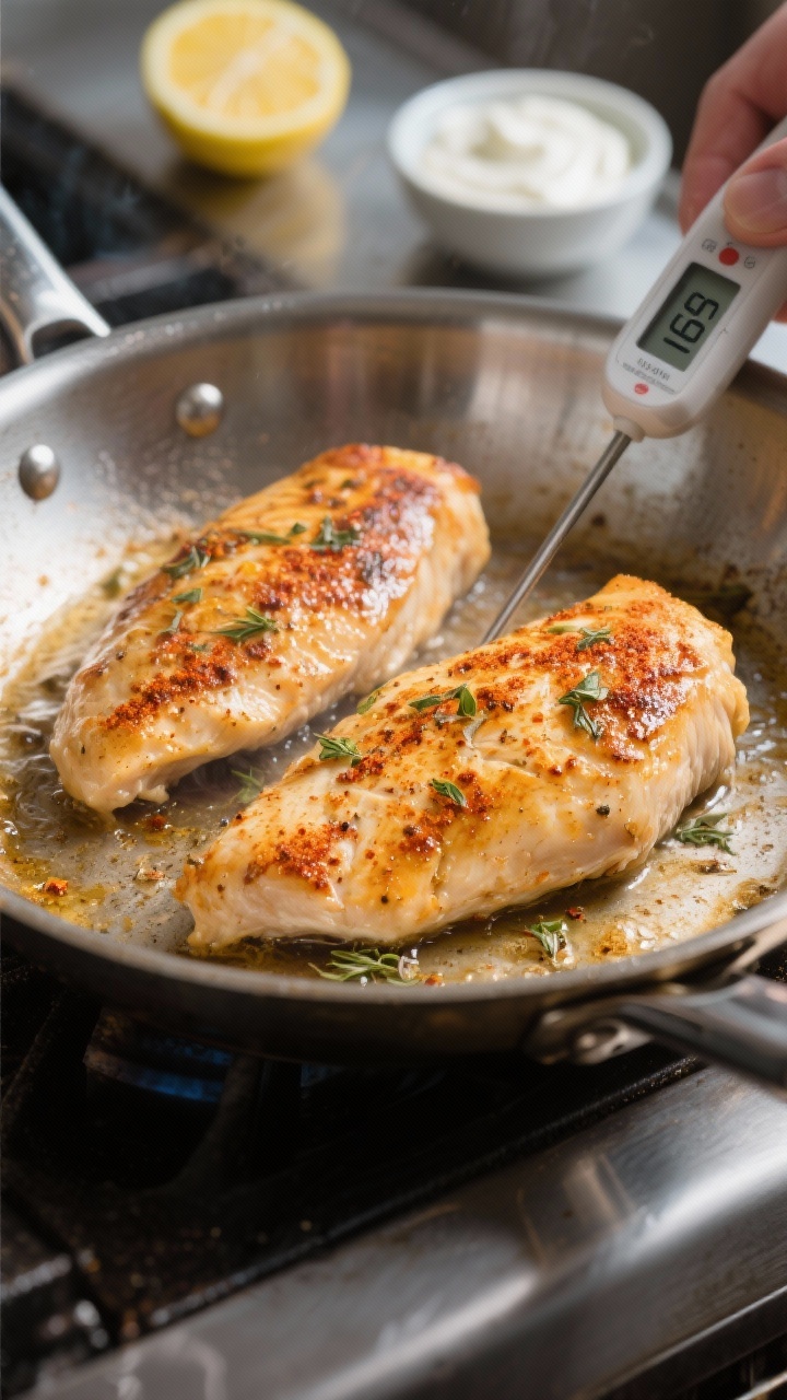 Cooking process: Chicken breasts searing in a large stainless skillet, golden-brown crust developing